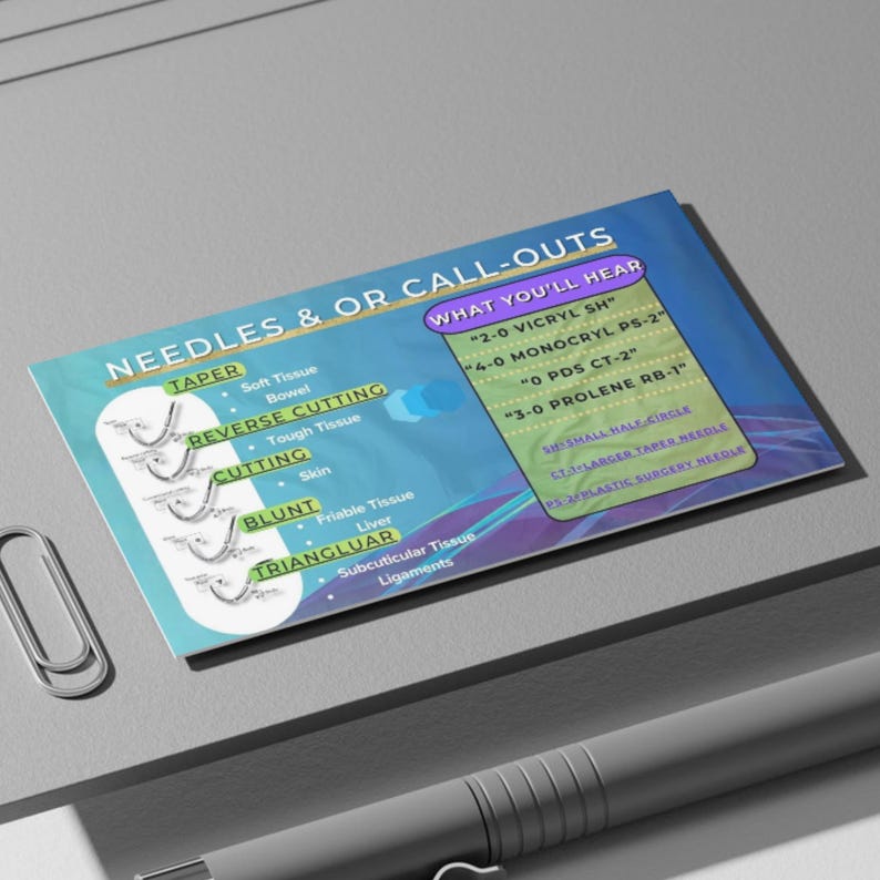 May include: A teal and blue card with the text "NEEDLES & OR CALL-OUTS" and diagrams of needles. The card lists needle types and what you'll hear, including "2-0 VICRYL SH" and "4-0 MONOCRYL PS-2". A pen and paperclip are in the foreground.