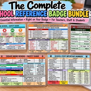 Pode incluir: Um conjunto de cinco crachás de referência escolar retangulares com tabelas impressas, protocolos de emergência e informações de contato para a Cedar Ridge High School. Os crachás incluem gráficos codificados por cores, guias de segurança e diretórios.