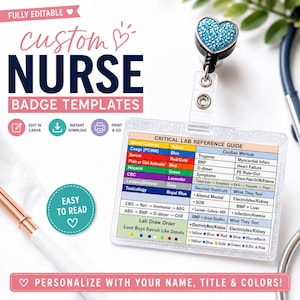 Puede incluir: Una plantilla de insignia de enfermera personalizada con el texto "NURSE BADGE TEMPLATES". La insignia incluye una guía de referencia de laboratorio y un carrete de insignia en forma de corazón. También es visible el texto "¡PERSONALIZA CON TU NOMBRE, TÍTULO Y COLORES!"