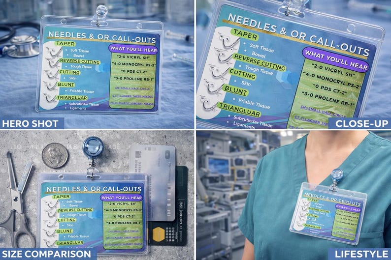 May include: A clear plastic badge holder with a blue and green insert, labeled "NEEDLES & OR CALL-OUTS." The insert lists surgical needle types and what to expect during procedures. The badge is attached to a retractable reel.