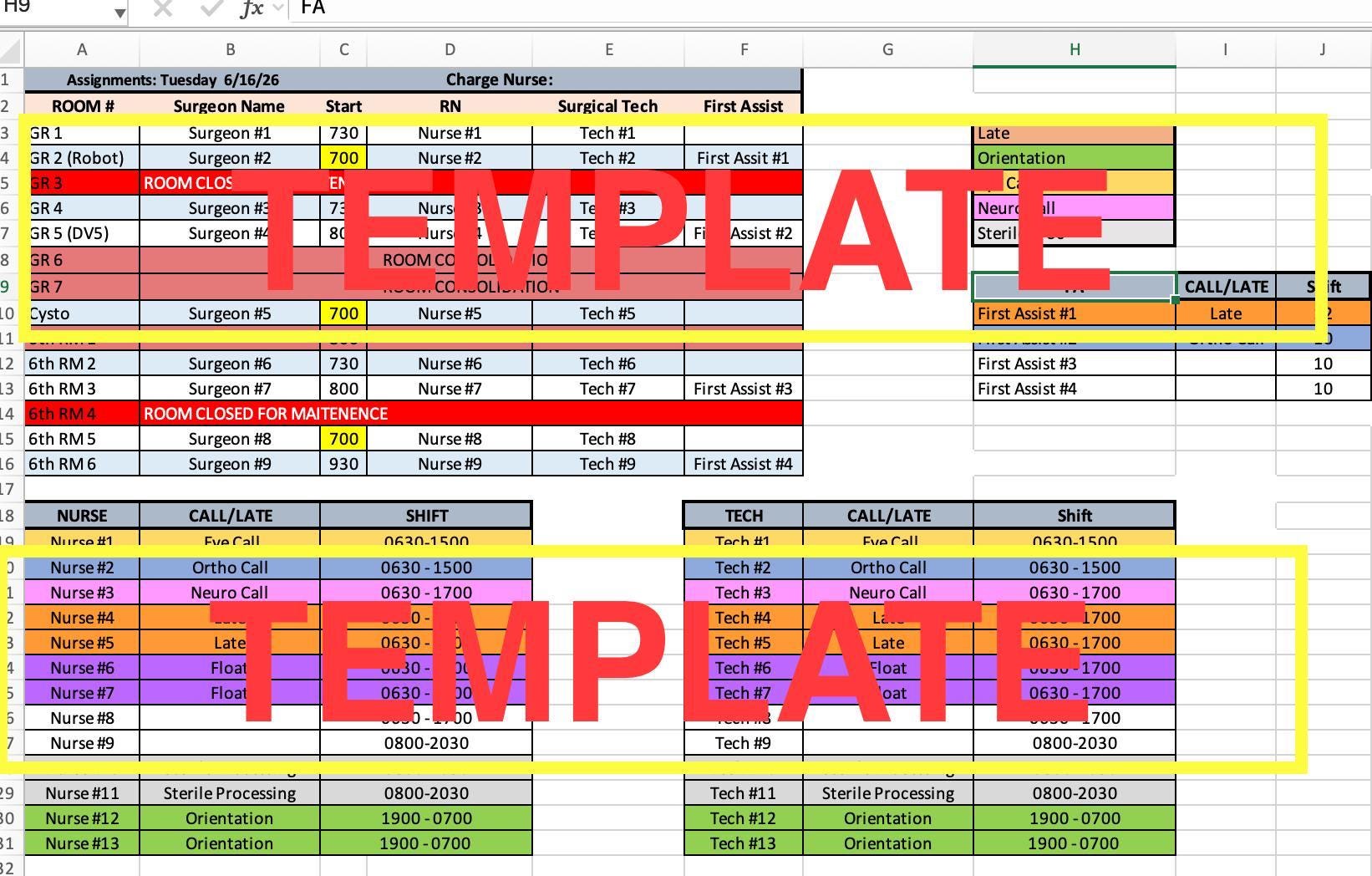 Surgery/operating Room Staff Assignment Template (surgeon, Nurse, Tech ...