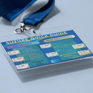May include: A clear plastic badge holder with a blue lanyard. The badge displays a "SUTURE QUICK GUIDE" with information on absorbable and non-absorbable sutures, including Vicryl, Monocryl, PDS, Nylon/Ethilon, Silk, and Stainless Steel.