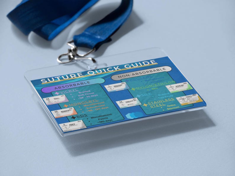 May include: A clear plastic badge holder with a blue lanyard. The badge displays a "SUTURE QUICK GUIDE" with information on absorbable and non-absorbable sutures, including Vicryl, Monocryl, PDS, Nylon/Ethilon, Silk, and Stainless Steel.
