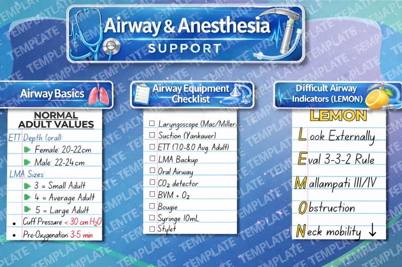 Airway Support Quick Reference Card | OR Nurse, CRNA, PACU Study Guide ...