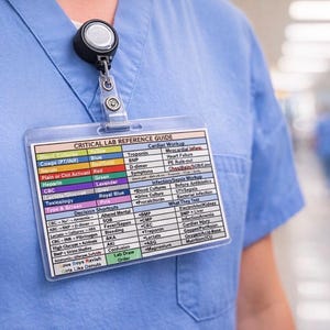 Pode incluir: Uma blusa médica azul com um porta-crachá de plástico transparente exibindo um "Guia de Referência de Laboratório Crítico". O guia lista termos médicos e categorias codificadas por cores.