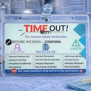 以下が含まれることがあります： 透明なプラスチック製のバッジホルダーと印刷されたカード。カードには赤と黒で「TIME OUT！」と書かれており、安全確認チェックリスト項目があります。注射器やハサミなどの医療器具が背景にあります。