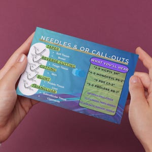 May include: A card with medical terminology, held by hands, against a purple background. The card features the text "NEEDLES & OR CALL-OUTS" and lists needle types like TAPER, REVERSE CUTTING, and BLUNT. It also includes a section titled "WHAT YOU'LL HEAR".