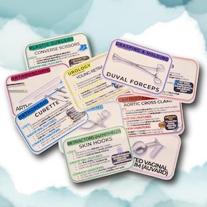 May include: A collection of rectangular educational cards featuring medical instruments, including Duval Forceps, Orthopedic Curettes, and Skin Hooks. Each card displays the instrument name, uses, identifying features, and memory tips in colorful text.
