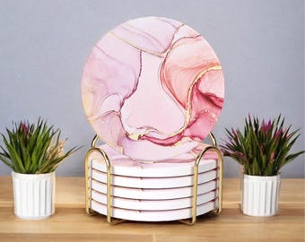 Pink Marble Ceramic Coaster Set with Holder, Gold Home Accents