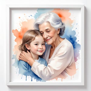 May include: A framed watercolour print depicting a grandmother and a young girl in an embrace. The artwork uses soft colours, with the figures central and a background of orange, blue, and white watercolour splashes. The frame is white.