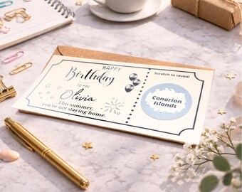 Canary Islands Holiday Scratch Ticket Surprise, Personalised Birthday Trip Reveal Gift Travel Voucher for Wife Girlfriend