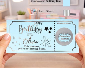 Canary Islands Birthday Scratch Ticket Surprise, Personalised Holiday Trip Reveal Gift Travel Voucher for Wife Girlfriend