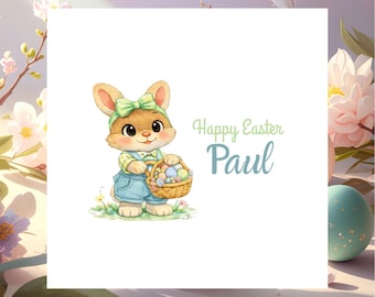 Happy Easter Personalised Card with Custom Name, Cute Bunny Greeting Card, Unique Spring Gift for Daughter Son Grandchild or Friend