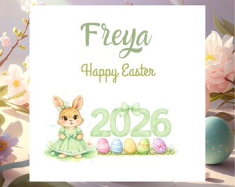 Personalised Happy Easter Card for Family, Cute Rabbit Spring Greeting with Custom Name, Special Easter Gift for Loved Ones