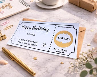 Spa Day Birthday Scratch Ticket Surprise, Personalised Relaxation Experience Gift Voucher Reveal for Her
