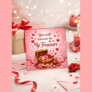 May include: A square greeting card with the text "You will forever be My Treasure" and a treasure chest illustration filled with roses and hearts. The card is surrounded by hearts, a gift box, envelopes, and candles, all in shades of pink and red.