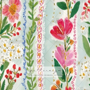 May include: A seamless pattern featuring vertical stripes of painted flowers, green foliage, and decorative borders on a light blue background. The design includes pink, red, and white blossoms with gold accents and the text patternizm.