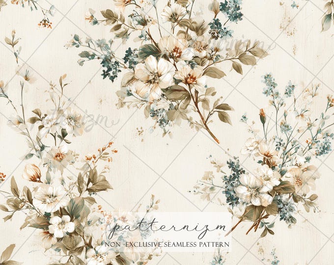 Seamless Vintage Floral Pattern Digital Download – Neutral Beige Wildflower Design, Soft Botanical Cottagecore Fabric, Elegant Shabby Chic
