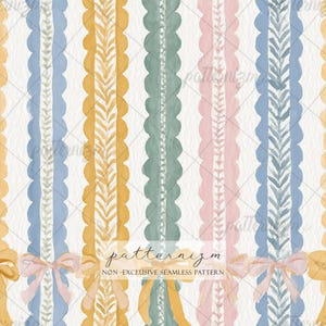 Puede incluir: Patr&oacute;n sin costuras de acuarela con rayas verticales en tonos azules, amarillos, verdes y rosas. Las rayas tienen bordes festoneados y elementos decorativos. El texto "patternizm" y "NON - EXCLUSIVE SEAMLESS PATTERN" son visibles.