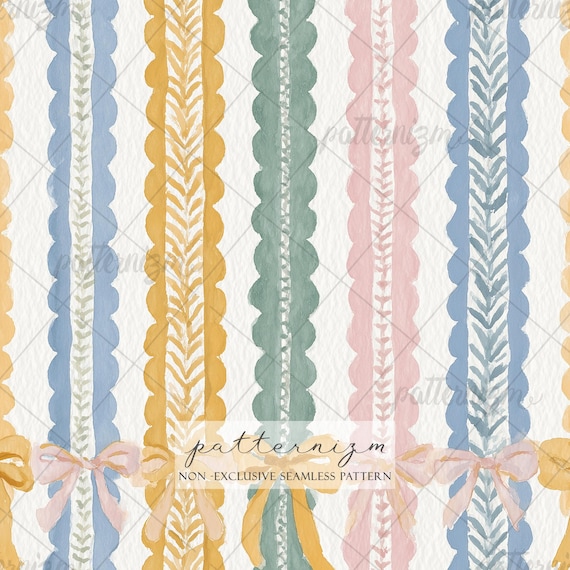 Seamless Watercolor Stripe Ribbon Pattern Digital Download – Soft Painted Borders, Feminine Fabric