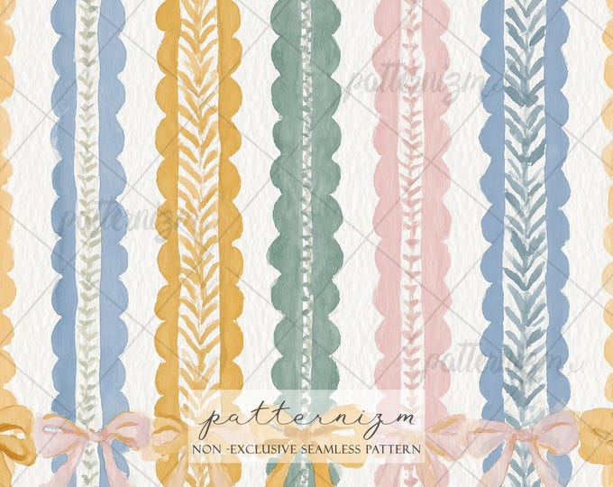 Seamless Watercolor Stripe Ribbon Pattern Digital Download – Soft Painted Borders, Feminine Fabric