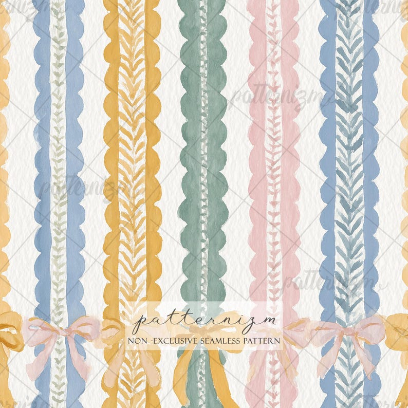 Puede incluir: Patr&oacute;n sin costuras de acuarela con rayas verticales en tonos azules, amarillos, verdes y rosas. Las rayas tienen bordes festoneados y elementos decorativos. El texto "patternizm" y "NON - EXCLUSIVE SEAMLESS PATTERN" son visibles.