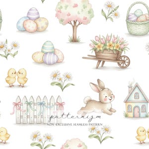 May include: A watercolour Easter-themed seamless pattern with pastel eggs, a bunny, chicks, flowers, a wheelbarrow with flowers, a house, and a white picket fence with bows. The text "patternizm" is also present.