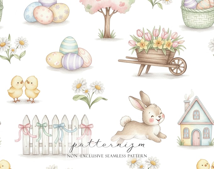 Easter Spring Seamless Pattern – Cute Bunny, Chicks, Eggs and Flowers Repeat Design for Nursery Fabric & Crafts