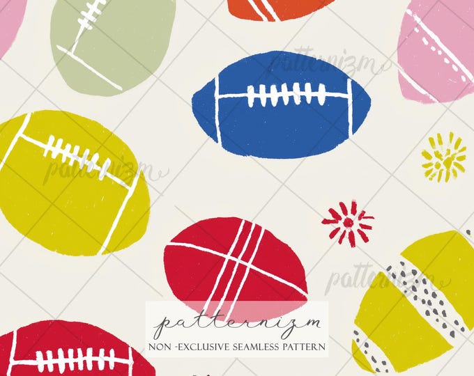 American Football Ball Seamless Pattern – Bold Retro Sports Repeat Design, Red Blue Game Day Print for Fabric, Nursery & Kids Decor