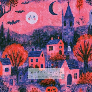May include: A fabric pattern featuring a spooky village scene in shades of pink, purple, and black. The design includes houses, a church with a steeple, a smiling full moon, bats, and a jack-o'-lantern. Text reads patternizm non-exclusive pattern.