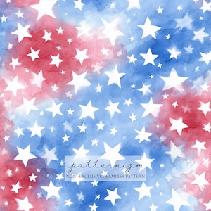 May include: Watercolor seamless pattern featuring white stars on a red and blue background. The design has a textured, artistic look, with the text "patternizm" and "NON-EXCLUSIVE SEAMLESS PATTERN" at the bottom.