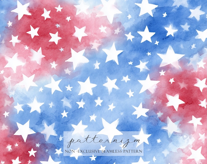 Seamless Patriotic Star Pattern Digital Download – Red Blue Watercolor USA Background, Fourth of July Fabric