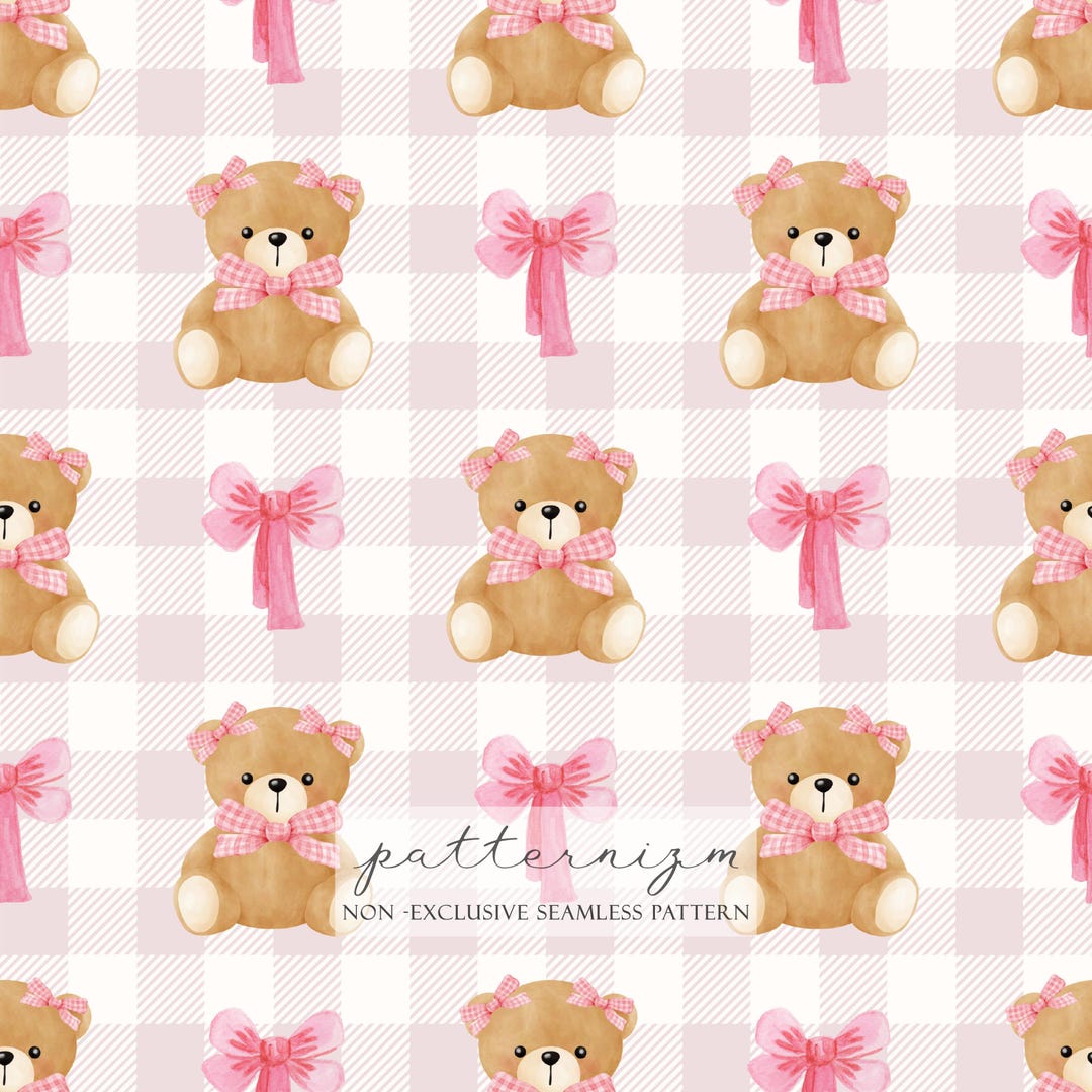 Cute Teddy Bear Seamless Pattern – Pink Bow Bear Repeat on Pastel ...