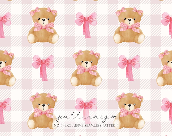 Cute Teddy Bear Seamless Pattern – Pink Bow Bear Repeat on Pastel Gingham Background for Nursery Fabric, Baby Decor and Crafts