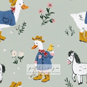Puede incluir: Patrón repetitivo con ilustraciones de dibujos animados de gansos, caballos y flores sobre un fondo verde claro. Los gansos visten chaquetas vaqueras, sombreros de vaquero y botas. Un ganso sostiene un pollito amarillo. El patrón incluye el texto "patternizm".