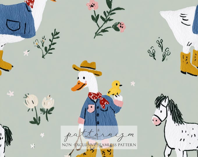 Seamless Farm Duck Pattern Digital Download – Cute Painted Animals in Clothes, Country Horse Florals on Sage Green, Whimsical Kids Fabric