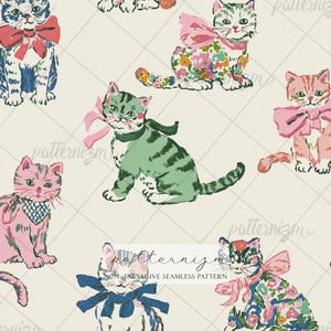 May include: A repeating pattern featuring illustrated cats in shades of pink, blue, green, and floral designs. Each cat wears a bow or scarf, set against a cream background with a subtle grid. The text "NON EXCLUSIVE SEAMLESS PATTERN" is visible.