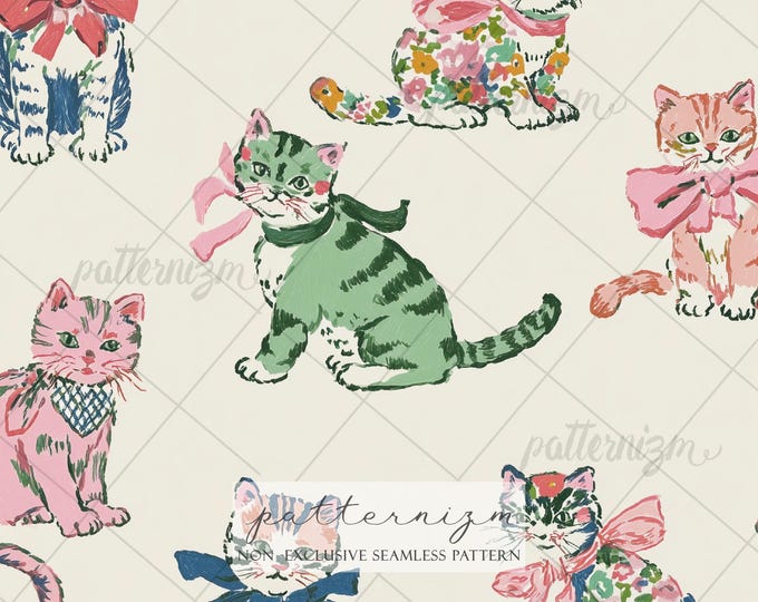 Cute Vintage Cats Seamless Pattern Digital Download – Whimsical Bow Kitty Design, Coquette Animal Print, Pastel Fabric for Kids