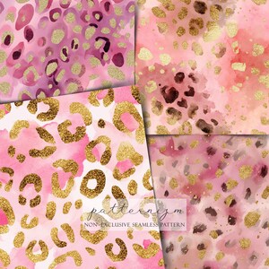 May include: Four seamless patterns featuring pink watercolour backgrounds with gold leopard print spots. The patterns vary in shades of pink and gold, with some designs incorporating darker brown spots. The text "patternizm" is visible.