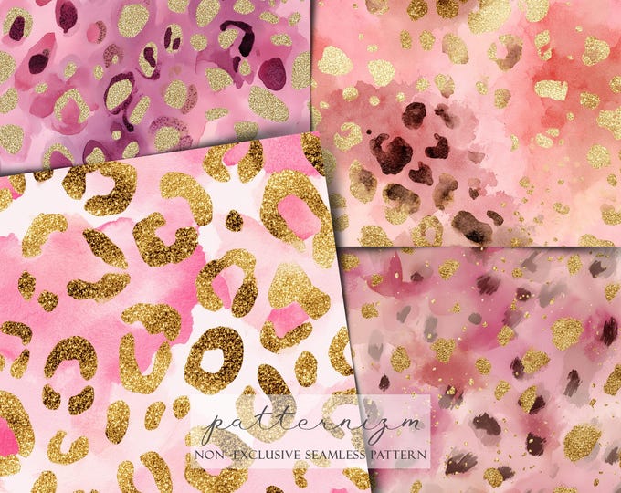 Pink Glitter Leopard Seamless Pattern Pack – 10 Gold Foil Cheetah Animal Paper Print Backgrounds for Fashion Sublimation, Digital Download