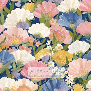 Może przedstawiać: Bezszwowy wzór kwiatowy z akwarelowymi kwiatami w odcieniach różu, bieli, żółci i błękitu na ciemnoniebieskim tle. Projekt zawiera różne rodzaje kwiatów i zielone liście, tworząc żywą i szczegółową ilustrację botaniczną.