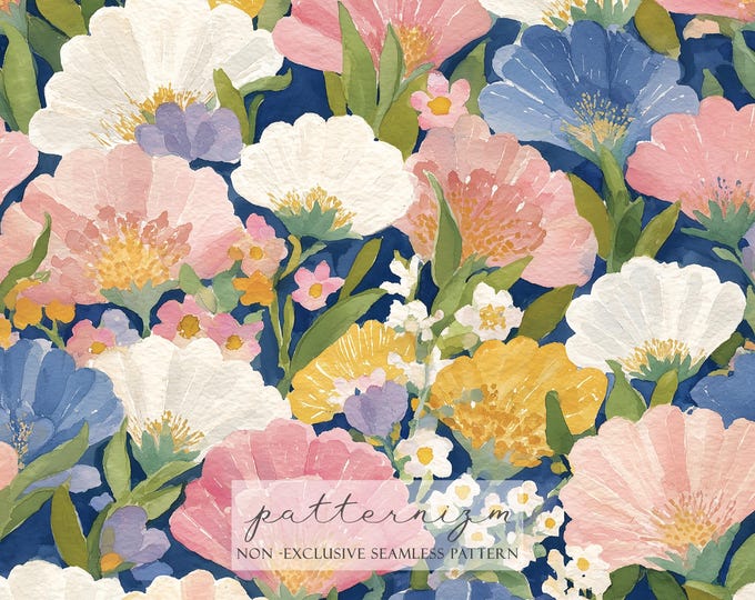Bold Floral Seamless Pattern – Large Watercolor Blossoms on Navy Background, Elegant Spring Repeat Design for Fabric & Wallpaper