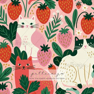 May include: Seamless pattern featuring cats, strawberries, and foliage on a pink background. The design includes red, pink, and white cats, with red and pink strawberries and green leaves. The text "patternizm" is visible.