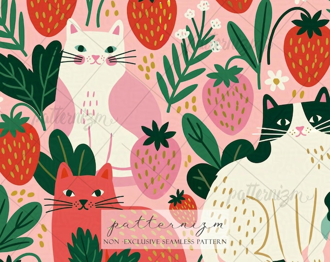 Cute Strawberry Cat Seamless Pattern Digital Download – Pink Kitty Fruit Floral Fabric Print for Nursery Decor