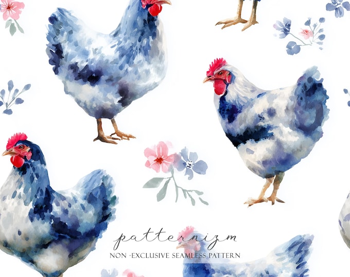 Watercolor Blue Chicken Seamless Pattern – Farm Hen Floral Print for Fabric, Nursery Decor & Digital Paper