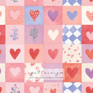 May include: Seamless pattern design featuring a grid of squares with watercolor hearts, floral, and geometric elements. The color palette includes shades of pink, red, purple, and blue. The text "patternizm" and "NON-EXCLUSIVE SEAMLESS PATTERN" are visible.
