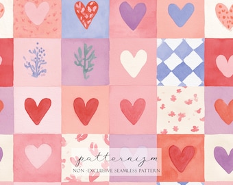 Valentine Heart Patchwork Seamless Pattern Digital Paper – Watercolor Love Squares Repeat Design