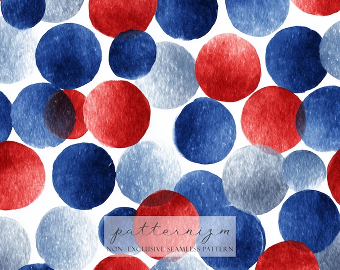 Patriotic Dots Seamless Pattern – Red Blue and White Watercolor Polka Dots, Festive 4th of July Digital Paper