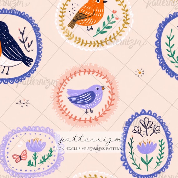 Seamless Folk Art Bird Pattern Digital Download – Whimsical Floral Medallion Design, Scandinavian Nursery Print, Cute Spring Fabric
