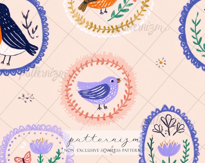 Seamless Folk Art Bird Pattern Digital Download – Whimsical Floral Medallion Design, Scandinavian Nursery Print, Cute Spring Fabric